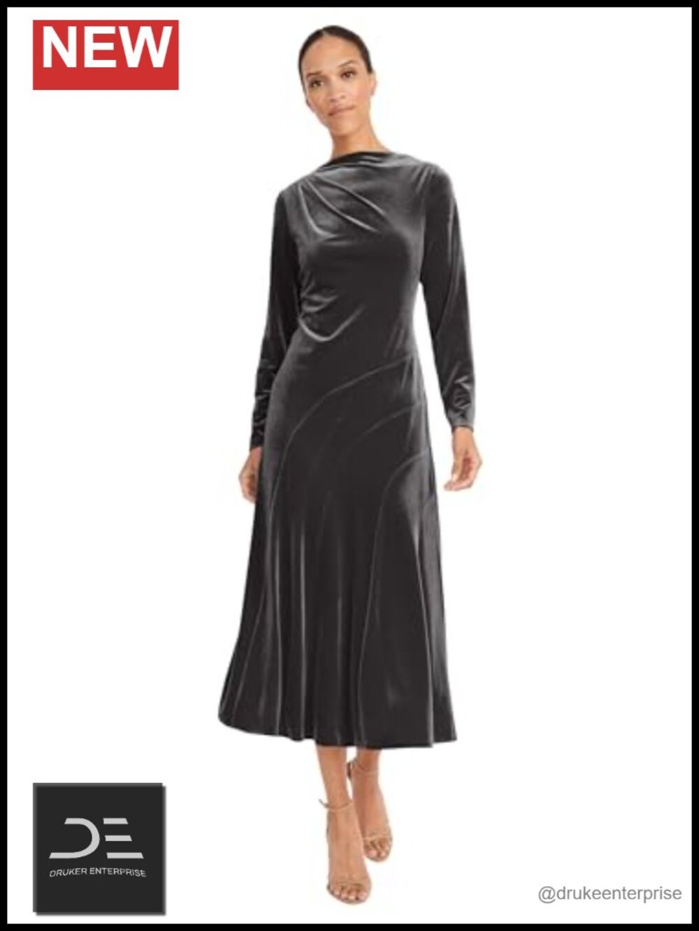 Velvet Midi Dress Long Sleeve Fitted Bodice A-line